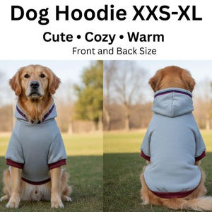 Könnte beinhalten: Grauer Hunde-Hoodie mit Kapuze und weinroten Zierleisten, gezeigt an einem Golden Retriever von vorne und hinten. Der Text oben lautet "Dog Hoodie XXS-XL" und "Cute • Cozy • Warm".