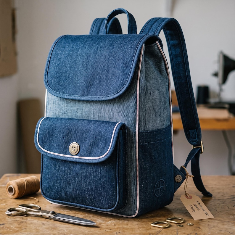 Peut inclure: Un sac &agrave; dos en jean bleu dot&eacute; d'un rabat sup&eacute;rieur, d'une poche avant ferm&eacute;e par un bouton unique et de bretelles r&eacute;glables. Le sac est rehauss&eacute; d'un passepoil de couleur claire sur les bords et comporte un petit logo circulaire sur le c&ocirc;t&eacute;.