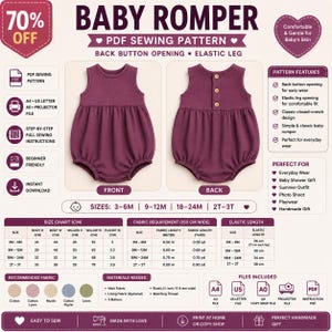 May include: A digital PDF sewing pattern for a sleeveless baby romper in a deep plum color. The image displays the front and back views of the garment, featuring a back button opening and elastic leg openings, alongside size charts and instructions.