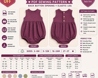 Patron de couture pour une barboteuse bébé : Barboteuse à bulles, bouton au dos, jambes élastiques (Téléchargement PDF)