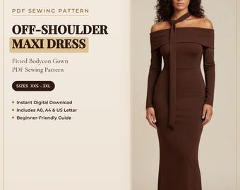 Wykrój na sukienkę maxi z odkrytymi ramionami, dopasowaną sukienkę typu bodycon (do pobrania w wersji cyfrowej)