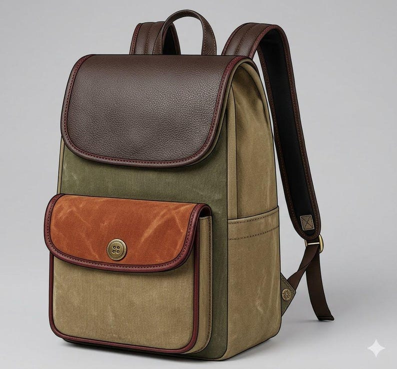 Peut inclure: Un sac &agrave; dos dot&eacute; d'un rabat sup&eacute;rieur en cuir grain&eacute; marron fonc&eacute;, d'un corps en toile vert olive et d'une poche avant avec un rabat en daim couleur rouille, ferm&eacute; par un bouton en laiton. Le sac poss&egrave;de des bretelles r&eacute;glables et des bordures.