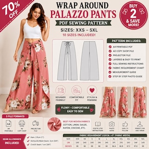Wrap Around Palazzo Pant Sewing Pattern PDF | XXS-5XL | A4, A0 & Projector Files | Beginner Friendly Wide Leg Wrap Pants | Instant Download
