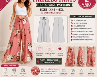 Patron de couture pour pantalon palazzo portefeuille | Jambes larges | Débutant (Téléchargement PDF)