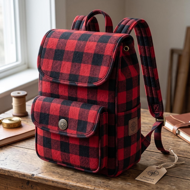 Peut inclure: Un sac &agrave; dos &agrave; motif &eacute;cossais rouge et noir dot&eacute; d'un rabat sup&eacute;rieur &agrave; fermeture magn&eacute;tique, d'une poche avant s&eacute;curis&eacute;e par un bouton m&eacute;tallique d&eacute;coratif, de bretelles rembourr&eacute;es et d'une &eacute;tiquette rectangulaire avec un logo boussole.