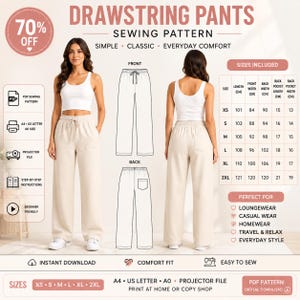 May include: A sewing pattern for drawstring pants featuring a front and back view of the garment, a size chart with measurements in centimeters, and icons indicating PDF, A4, US Letter, A0, and projector file formats for instant download.