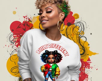 Melanin Queen PNG, "Construída Diferente" Arte Digital de Garota Negra (Sublimação, DTF)