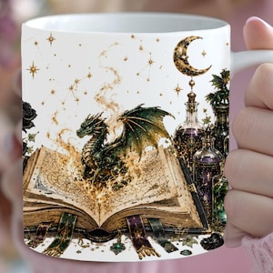 Kubek Dark Academia Dragon w opakowaniu PNG, kubek Fantasy Reader z nadrukiem sublimacyjnym, kubek do kawy BookTok Gothic Dragon Books, kubek 11 uncji PNG do pobrania