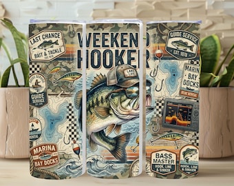 Diseño PNG para vaso térmico Weekend Hooker, diseño divertido de pesca por sublimación, descarga digital para vaso delgado de 20 oz para pesca de lubina