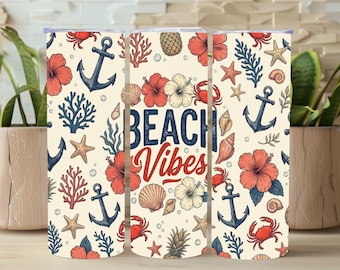Diseño PNG de envoltura para vaso Beach Vibes, diseño náutico veraniego costero por sublimación, vaso delgado de 20 oz con ancla, cangrejo e hibisco para descarga digital