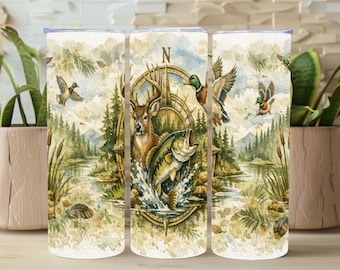 Vaso de pesca con diseño de ciervo y pato PNG, diseño de sublimación para caza y pesca, vaso delgado para exteriores con diseño de ánade real, lubina y ciervo, descarga digital