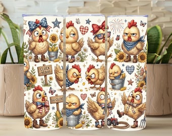 Envoltorio para vaso con diseño de pollo PNG, Envoltorio para vaso delgado de 20 oz con diseño de pollito patriótico, Sublimación divertida de gallina de granja, Envoltorio floral con animales campestres