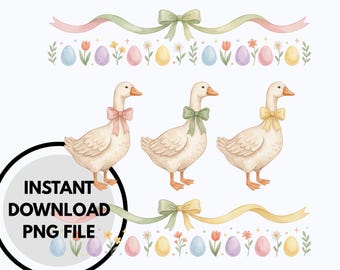 Easter Ribbon Goose PNG, Vintage Easter Goose Clipart, Pastel Bow Goose Sublimation, Cute Cottagecore Spring Goose, Retro Easter PNG