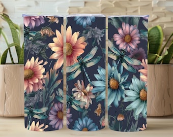 Diseño PNG de envoltura para vaso con libélula y margarita, diseño floral botánico vintage de 20 oz para sublimación, envoltura floral primaveral con libélula para descarga digital