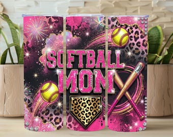 Envoltura de vaso para mamá de softbol PNG, diseño de sublimación de vaso delgado Sparklecore de 20 oz para el día del juego de softbol para mamá deportiva