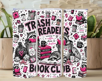 Trash Readers Book Club Tumbler Wrap PNG, Funny Raccoon Book Lover Sublimation Design, Coffee Chaos Chapters Digital Download