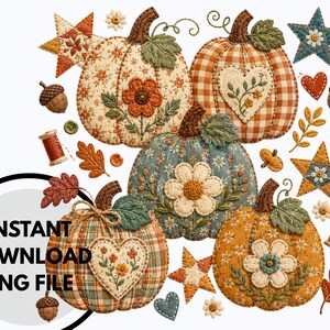May include: A digital illustration featuring four fabric-textured pumpkins with floral and plaid patterns, decorated with embroidered flowers and heart shapes. The design includes small acorns, stars, leaves, and thread spools, with text reading INSTANT DOWNLOAD PNG FILE.