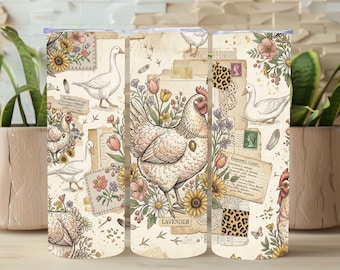 Diseño PNG de vaso térmico vintage de pollo y pato de segunda mano, vaso térmico delgado retro acogedor estilo cottagecore de 20 oz con diseño de sublimación, diseño PNG estilo grandmacore