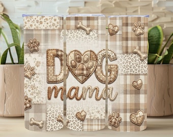 Vaso con apliques de patchwork para mamá perruna, diseño de sublimación bohemio neutro para mamá perruna, envoltura de 20 oz con forma de corazón y pata de leopardo a cuadros