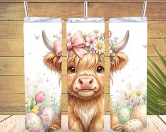 Vaso de Pascua con diseño de vaca de las Tierras Altas PNG, diseño de sublimación de vaca de primavera, huevos de Pascua con diseño de vaca y lazo floral, envoltorio delgado para vaso de 20 oz, descarga digital