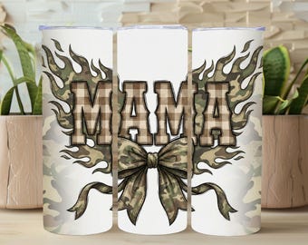 Envoltura para vaso Hunting Mama, diseño de sublimación delgado Camo Mama de 20 oz, diseño digital Western Retro Bow Mama