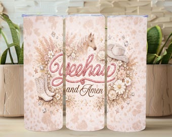 Envoltura para vaso Cowgirl Glam Yeehaw and Amen PNG, diseño de sublimación delgado rosa de 20 oz, diseño de fe vaquera brillante