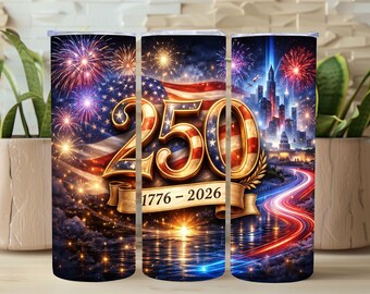 Envoltura para vaso conmemorativo del 250.º aniversario de Estados Unidos, diseño patriótico PNG de 20 oz, delgado y recto, sublimación, 1776, 2026, 4 de julio