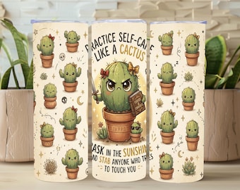 Diseño PNG de cactus para vaso de autocuidado, cita divertida sobre salud mental, regalo para cuidadores, regalo para enfermeras, maestras y mamás, lindo diseño de sublimación de cactus