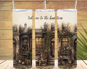Envoltura de vaso "Llévame a la librería" PNG, diseño de sublimación delgado de 20 oz de Dark Academia Bookish, descarga digital de Moody Reader Booktok