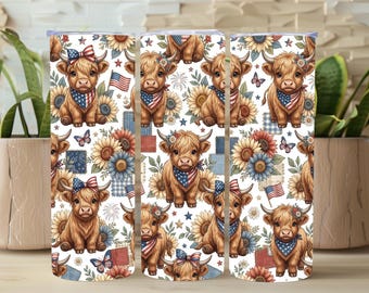 Vaso recto con estampado de girasoles y vaca de las Tierras Altas de 20 oz PNG, vaso delgado con estampado floral de vaca de las Tierras Altas de 20 oz, vaso con estampado de vaca de verano de 20 oz para sublimación