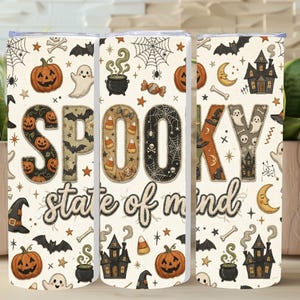 Adesivo per bicchiere Spooky State of Mind PNG, design retrò di Halloween per sublimazione, patchwork fantasma zucca autunno PNG, adesivo per tazza senza cuciture