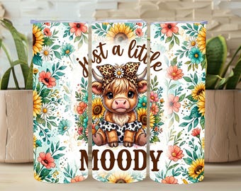 Diseño PNG de vaca de las Tierras Altas con un toque de humor, diseño de sublimación de vaca con actitud adorable, descarga de diseño delgado de vaca con lazo de leopardo y girasol de 20 oz