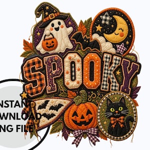 May include: A digital graphic featuring the word SPOOKY in quilted-style letters, surrounded by Halloween motifs including a ghost with a pumpkin bucket, a crescent moon, bats, a jack-o'-lantern, and a black cat. Text reads INSTANT DOWNLOAD PNG FILE.