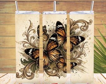 Diseño de funda para vaso con mariposa monarca (PNG), mariposas y flores, diseño para sublimación, descarga digital.