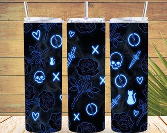 Vaso de romance oscuro neón, taza de historia de amor moralmente gris, vaso literario con calavera gótica de rosa azul, regalo para el lector