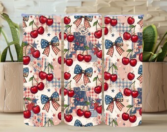 Diseño PNG de Cherry Americana para vaso térmico, diseño de sublimación delgado Coquette 4 de julio de 20 oz, lazo retro a cuadros patriótico de cerezas de EE. UU.