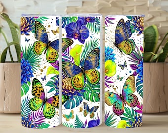 Diseño PNG de envoltura floral de mariposa para vaso, diseño de sublimación de mariposa azul y amarillo neón, envoltura sin costuras con estampado de leopardo y salpicaduras doradas para descargar.