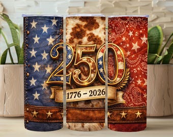 Diseño PNG para vaso térmico del 250 aniversario del oeste de EE. UU., diseño de sublimación de la bandera estadounidense de piel de vaca de 20 oz, descarga digital patriótica del oeste.