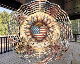 Molinillo de viento América 250 PNG, Bandera patriótica de granja con girasoles florales, Impresión por sublimación del 250 aniversario de EE. UU., Decoración de jardín del 4 de julio
