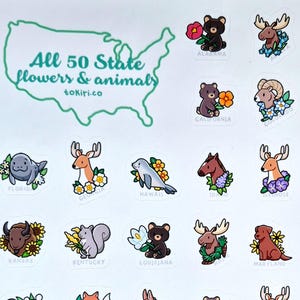 Alle 50 Zustands-Tiere und Blumen - großer Stickerbogen