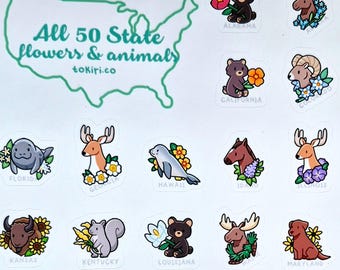 Tutti i 50 animali e fiori degli stati americani - Foglio di adesivi grande