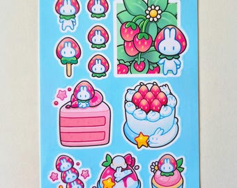Foglio di adesivi a forma di coniglietto fragola / Adesivi con simpatici animali / Decorazioni per diari e agende