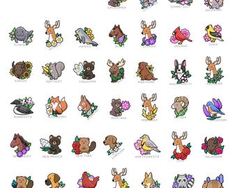 Tutti i 50 animali e fiori degli stati americani - Foglio di adesivi grande - File digitale