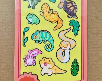 Foglio di adesivi con rettili e anfibi / Adesivi con simpatici animali / Decorazioni per diari e agende