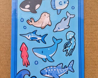 Foglio di adesivi con creature marine / Adesivi con simpatici animali dell'oceano / Decorazioni per diari e agende