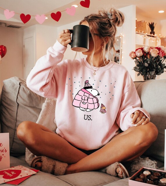 Cute Winter Dog Shirt, Pink Puffer Jacket Graphic Tee, Cozy Cartoon Puppy Sweatshirt, Snowy Night Aesthetic, Kawaii Streetwear Hoodie