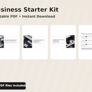 Op de afbeelding: Een business starter kit met de tekst "Business Starter Kit" en "Printable PDF • Instant Download". De afbeelding toont vier witte documenten met zwart-wit afbeeldingen en tekst. Een zwart rechthoek onderaan zegt "5 PDF files included".