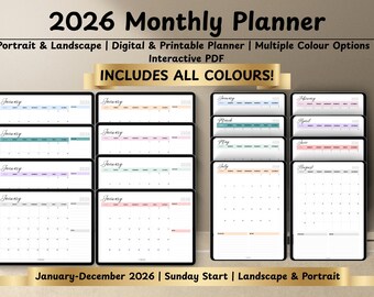 2026 Portrait & Landscape Monthly Planner Printable | Hyperlinked Digital Planner  | Multiple Colour Options