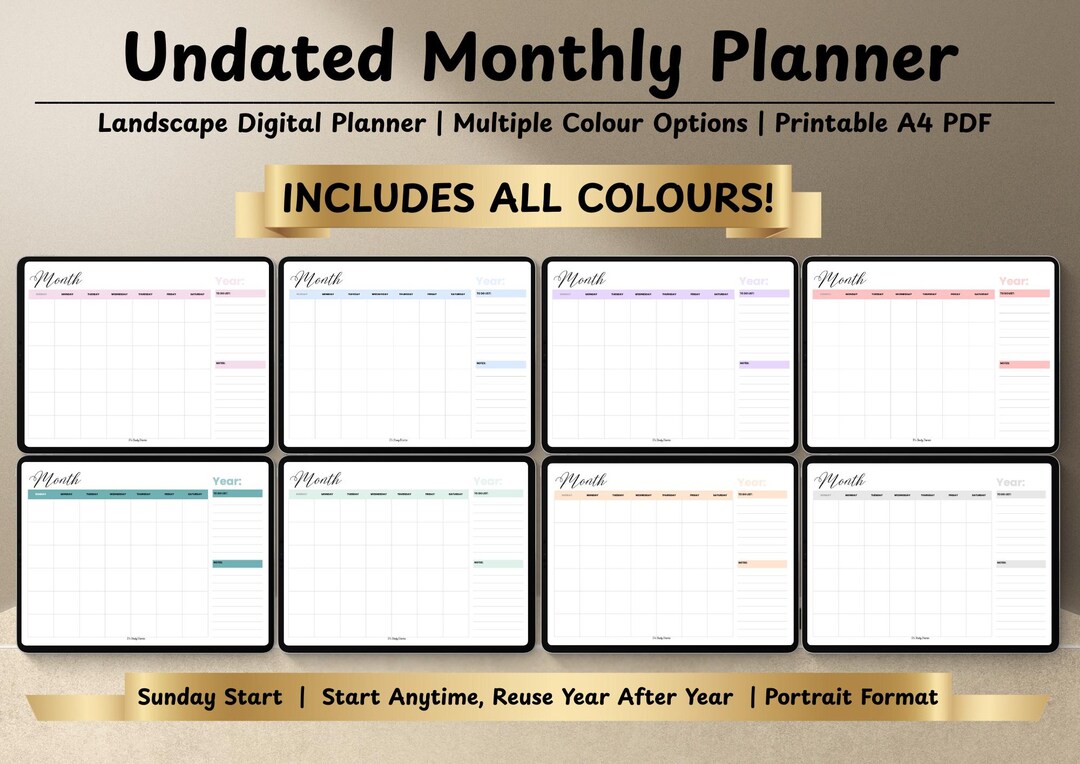 Undated Monthly Planner Printable | Landscape Digital Planner ...
