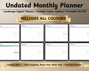 Undated Monthly Planner Printable | Landscape Digital Planner | Multiple Colour Options | A4 PDF